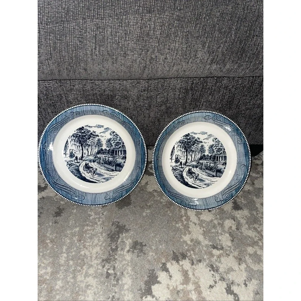 Cottagecore Currier & Ives Blue Transferware Plates Royal China Set 2